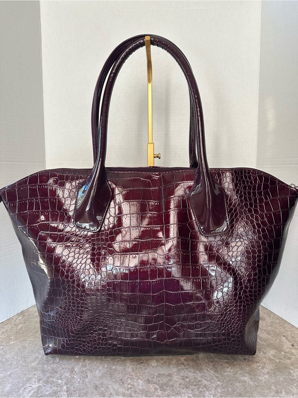 Burgundy Patent Croc Embossed Shoulder Tote Bag Glam Structured Chic Fall Purse